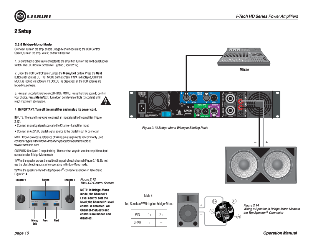 Crown Audio I-T12000 HD, I-T5000 HD 2Setup, I-TechHD Series Power Ampliﬁers, page, 2.3.5Bridge-MonoMode, disabled 