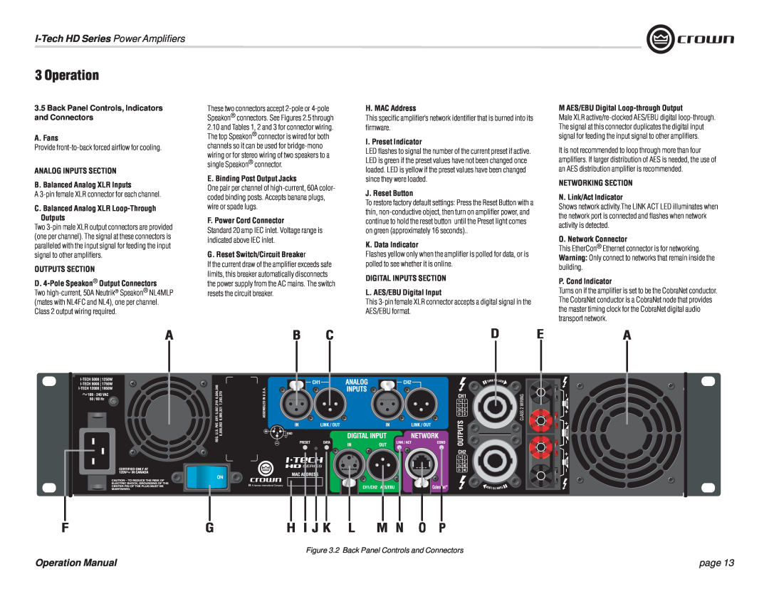 Crown Audio IT9000 HD Operation, I-TechHD Series Power Ampliﬁers, page, 3.5Back Panel Controls, Indicators and Connectors 