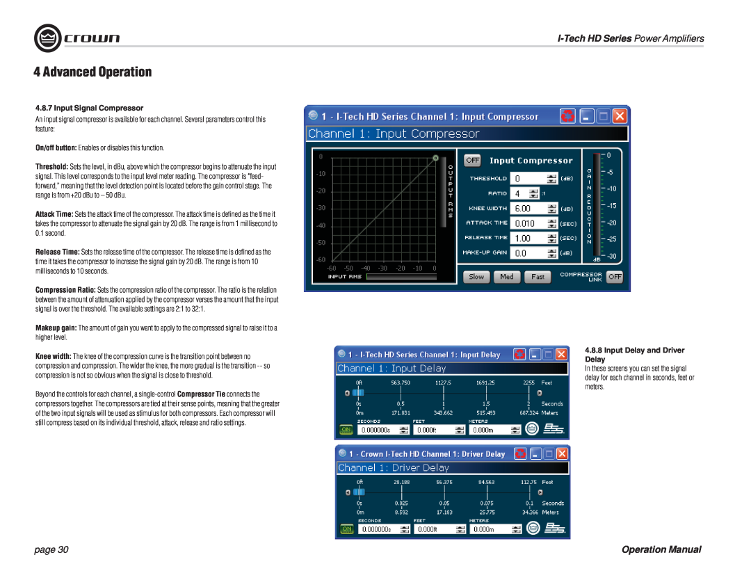Crown Audio I-T12000 HD, I-T5000 HD Advanced Operation, I-TechHD Series Power Ampliﬁers, page, Input Signal Compressor 