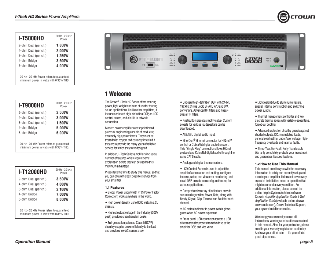 Crown Audio IT9000 HD I-T9000HD, I-T12000HD, Welcome, I-T5000HD, I-TechHD Series Power Ampliﬁers, page, 1,800W, 2,000W 