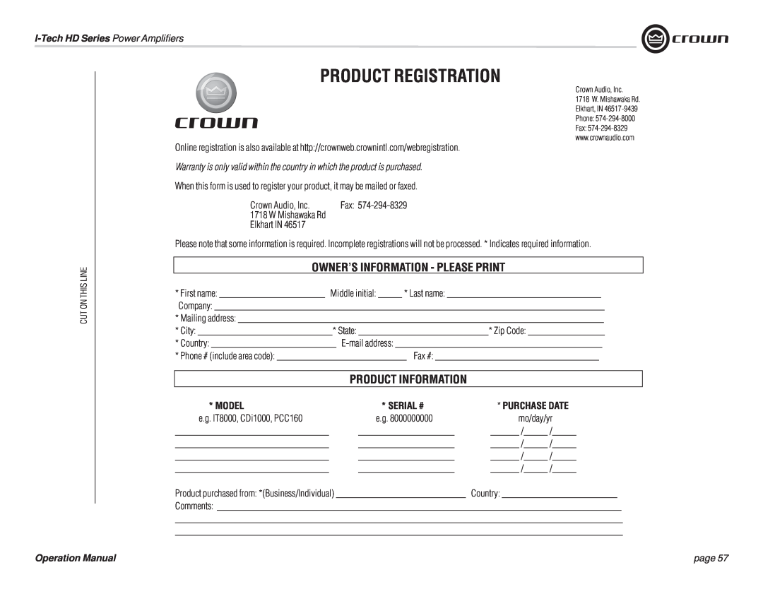 Crown Audio IT9000 HD, I-T5000 HD Product Registration, Owner’S Information - Please Print, Product Information, page 