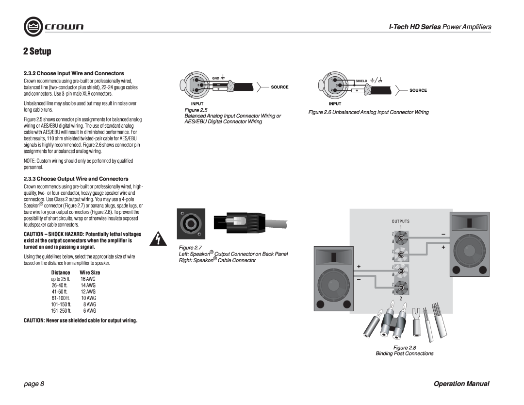 Crown Audio I-T5000 HD 2Setup, I-TechHD Series Power Ampliﬁers, page, 2.3.2Choose Input Wire and Connectors, Distance 