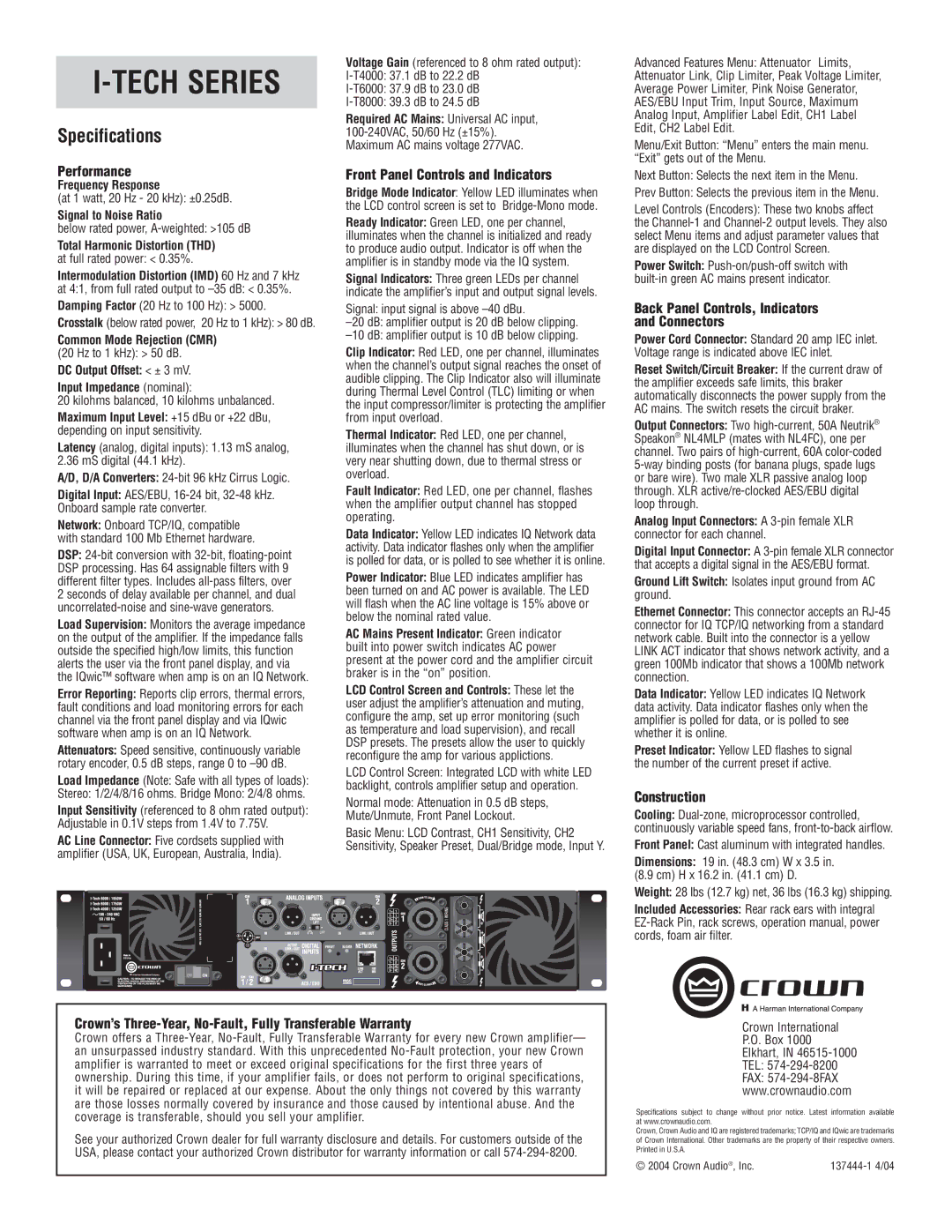 Crown Audio I-T4000 manual Performance, Front Panel Controls and Indicators, Back Panel Controls, Indicators and Connectors 