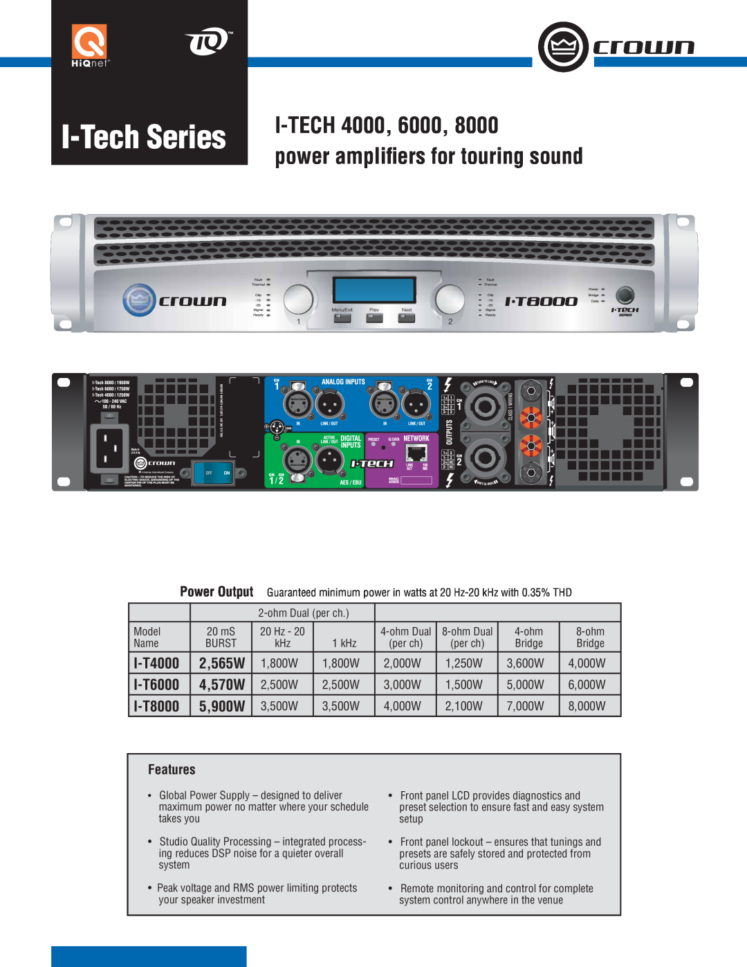 Crown Audio I-TECH 8000 manual I-TechSeries, I-TECH4000, power ampliﬁers for touring sound, I-T4000, I-T6000, I-T8000 