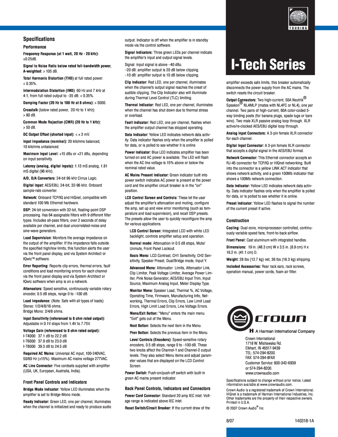 Crown Audio I-TECH 6000 manual I-TechSeries, Speciﬁcations, Performance, Front Panel Controls and Indicators, Construction 