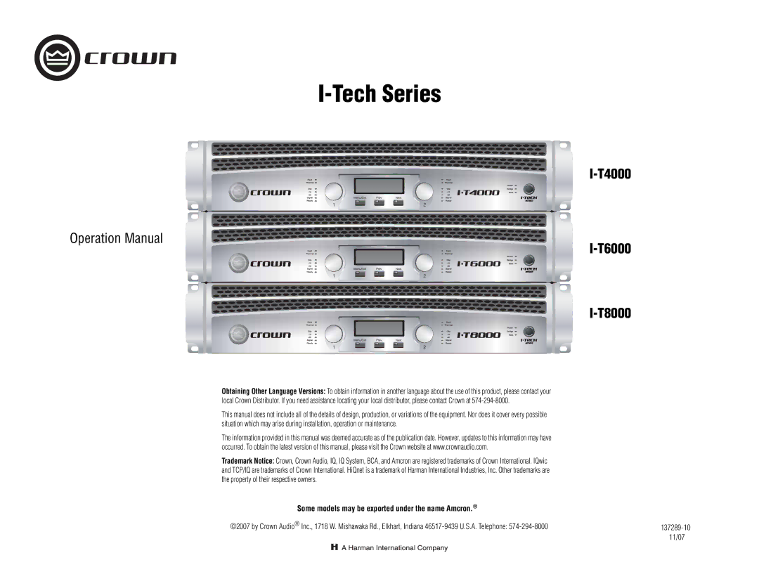 Crown Audio I-Tech Series operation manual T4000 T6000 T8000, Some models may be exported under the name Amcron, 137289-10 