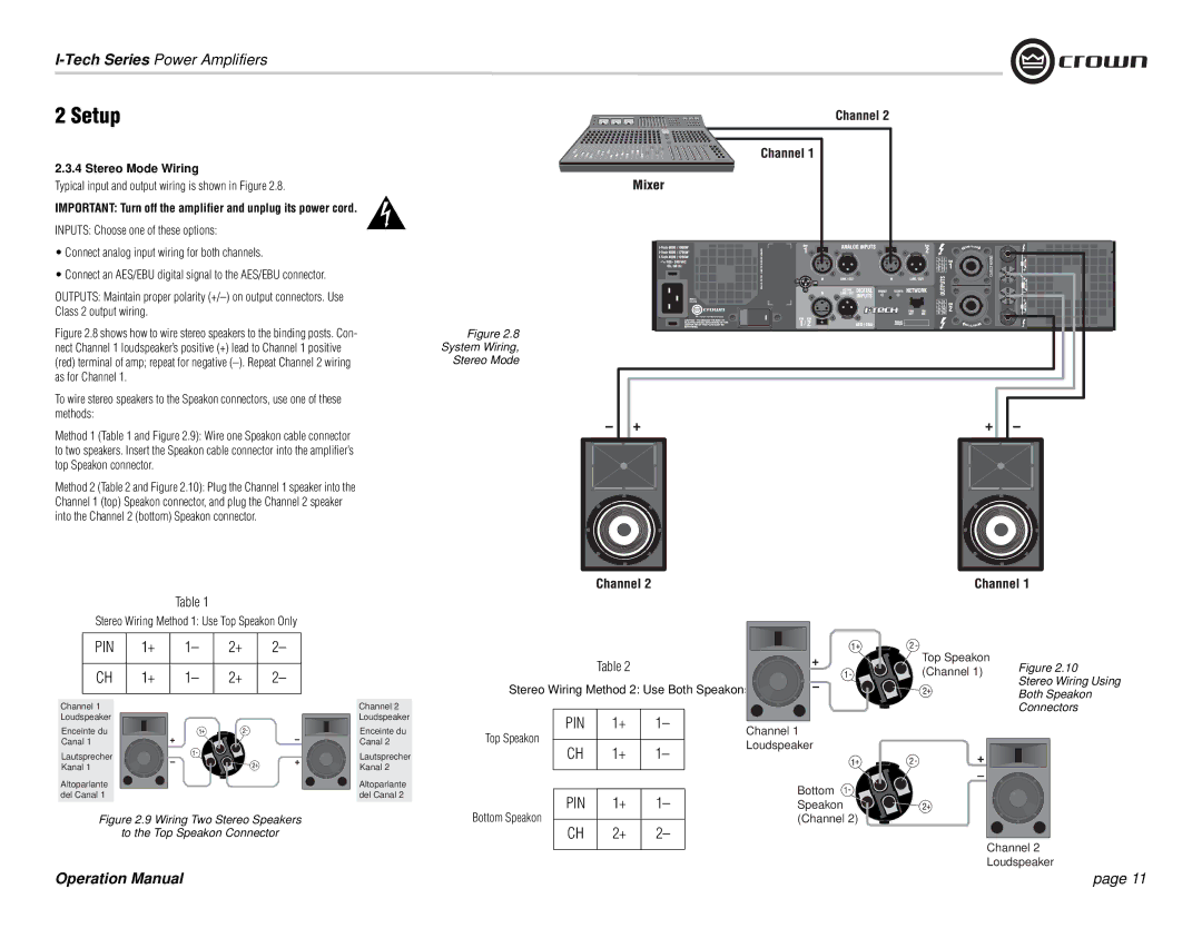 Crown Audio I-Tech Series operation manual Stereo Mode Wiring, Important Turn off the amplifier and unplug its power cord 