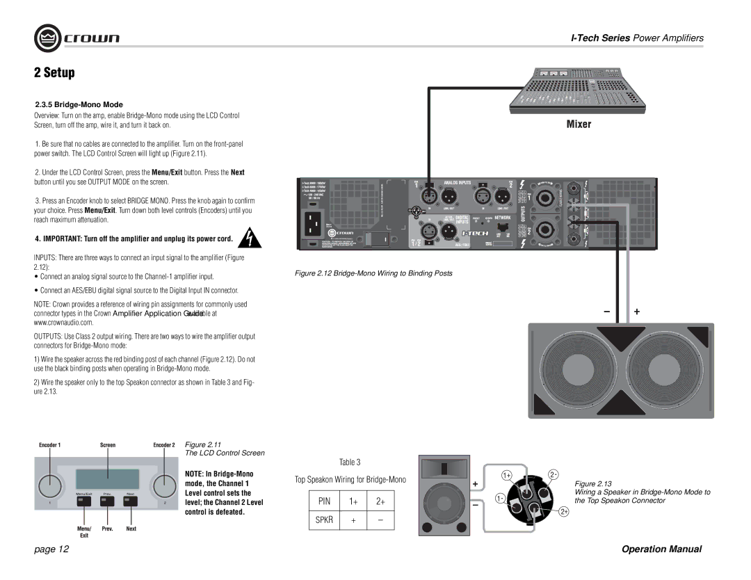 Crown Audio I-Tech Series operation manual Bridge-Mono Mode, Reach maximum attenuation 