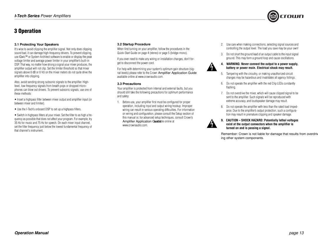 Crown Audio I-Tech Series operation manual Operation, Protecting Your Speakers, Startup Procedure, Precautions 