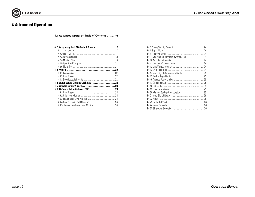 Crown Audio I-Tech Series operation manual Advanced Operation Table of Contents 