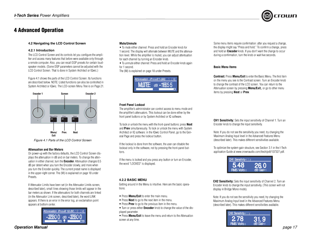 Crown Audio I-Tech Series Navigating the LCD Control Screen Introduction, Attenuation and Bar Meters, Mute/Unmute 