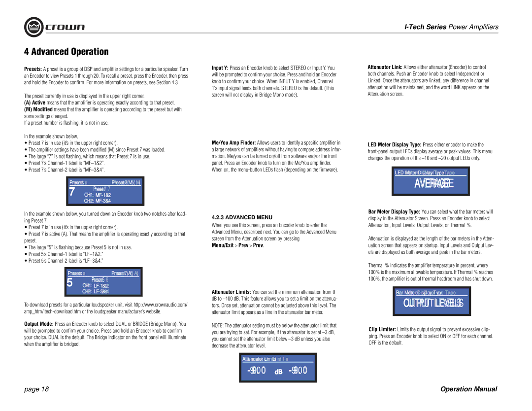 Crown Audio I-Tech Series operation manual Menu/Exit Prev Prev, CH1 LF-1&2 CH2 LF-3&4 