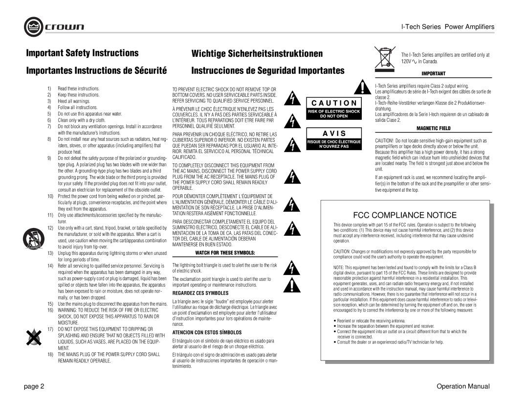 Crown Audio I-Tech Series operation manual Important Safety Instructions, Importantes Instructions de Sécurité 