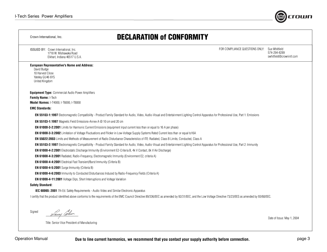 Crown Audio I-Tech Series European Representatives Name and Address, Family Name I-Tech, EMC Standards, Safety Standard 