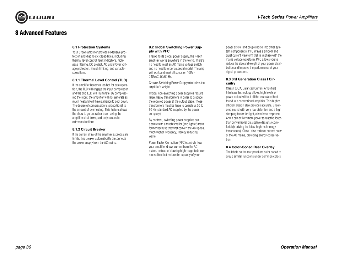 Crown Audio I-Tech Series operation manual Advanced Features 