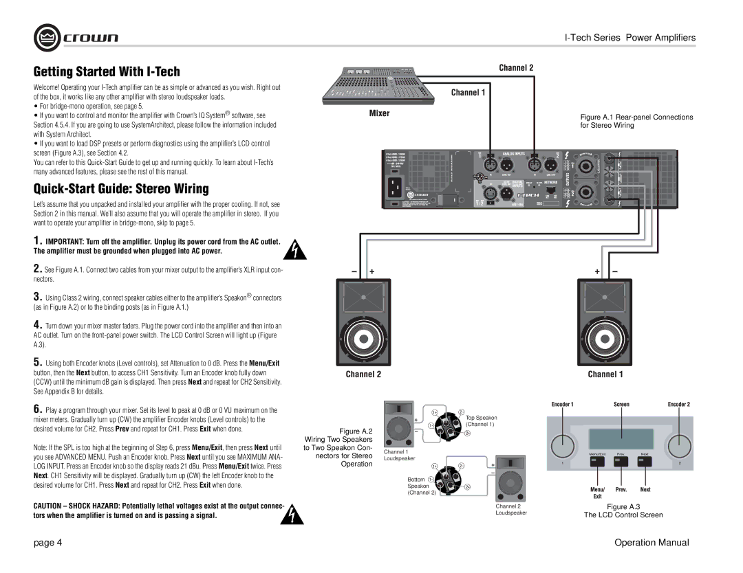 Crown Audio I-Tech Series Getting Started With I-Tech, Quick-Start Guide Stereo Wiring, For bridge-mono operation, see 