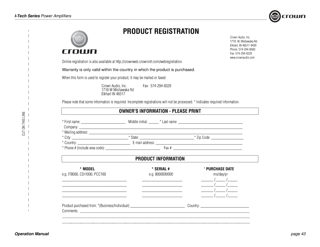 Crown Audio I-Tech Series operation manual Crown Audio, Inc, Fax, Product purchased from *Business/Individual Country 