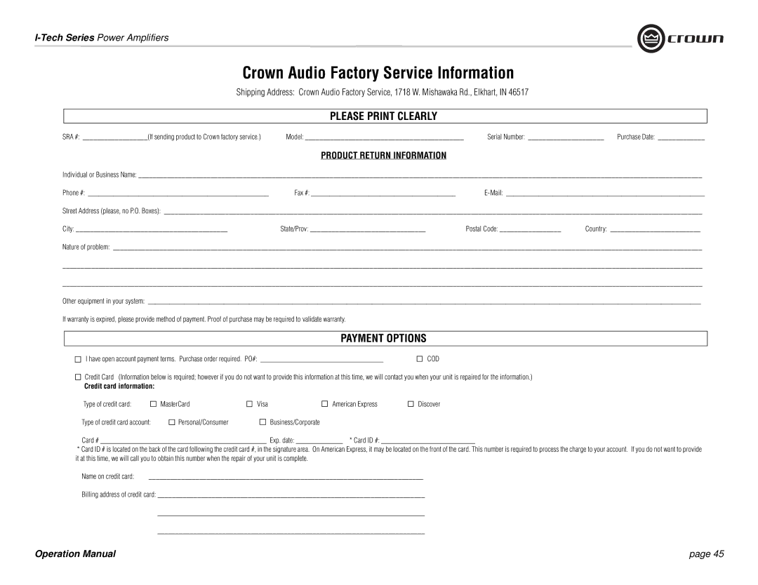 Crown Audio I-Tech Series operation manual Crown Audio Factory Service Information 