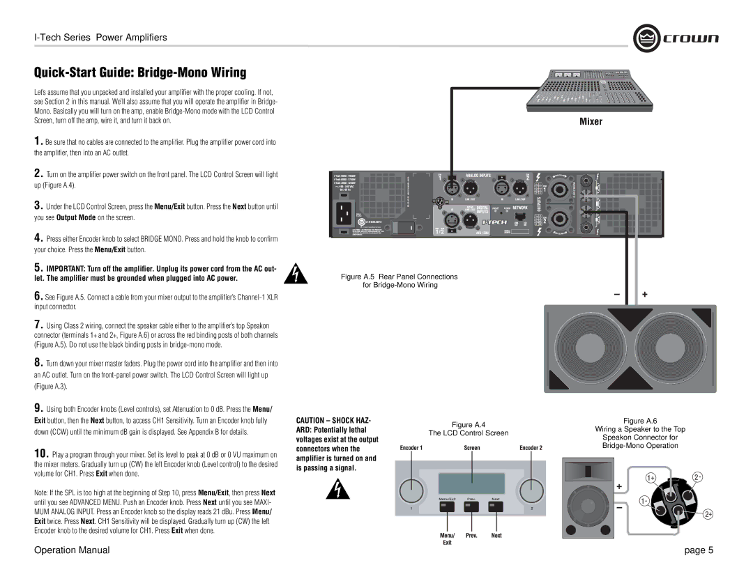 Crown Audio I-Tech Series Quick-Start Guide Bridge-Mono Wiring, Figure A.5 Rear Panel Connections for Bridge-Mono Wiring 