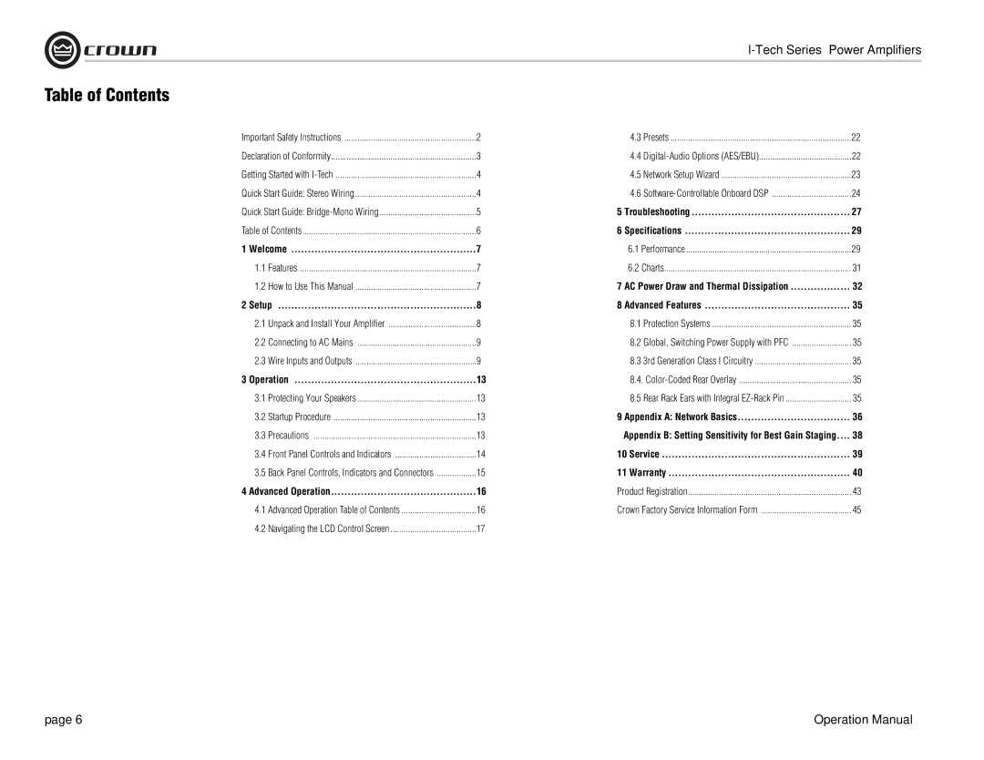 Crown Audio I-Tech Series operation manual Table of Contents 