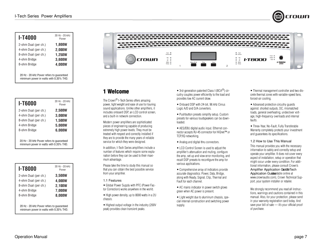 Crown Audio I-Tech Series Welcome, Features, High power density, up to 8000 watts in a 2U chassis, How to Use This Manual 