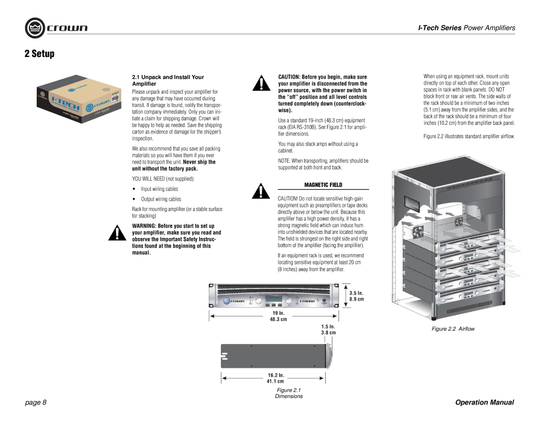 Crown Audio I-Tech Series operation manual Setup, Unpack and Install Your Amplifier 