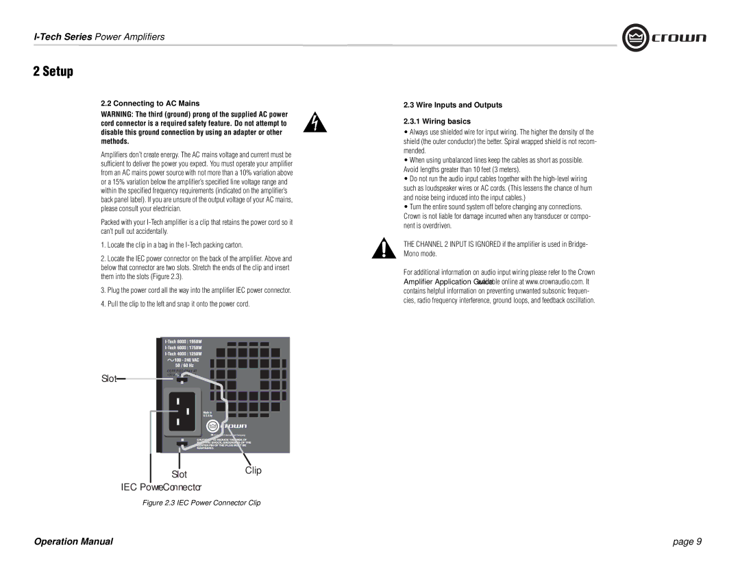 Crown Audio I-Tech Series operation manual Connecting to AC Mains, Wire Inputs and Outputs Wiring basics 