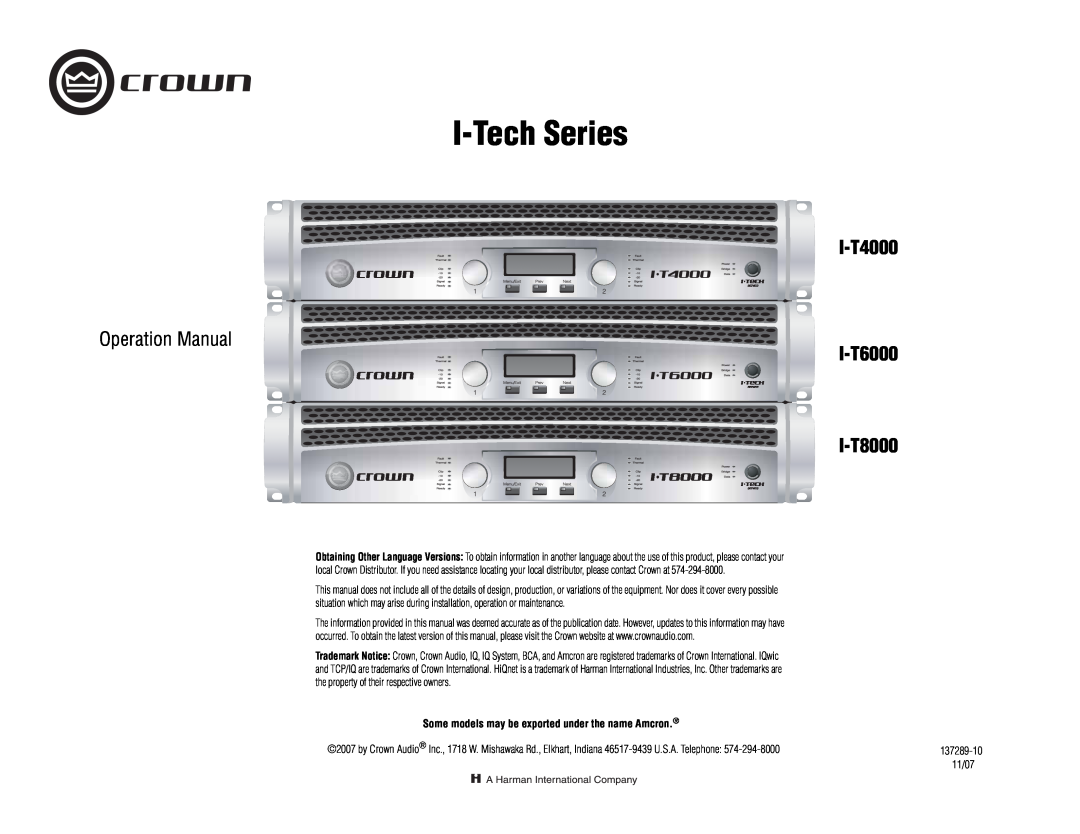 Crown Audio I-Tech Series operation manual I-T4000, I-T6000 I-T8000, I-TechSeries 