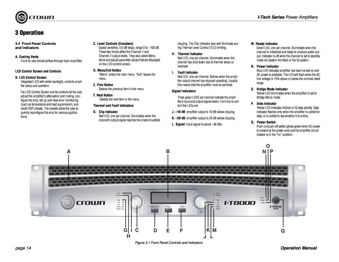 Crown Audio I-Tech Series operation manual 3Operation, Ab G I C D E H, O N P K Mq J L, I-TechSeries Power Amplifiers, page 