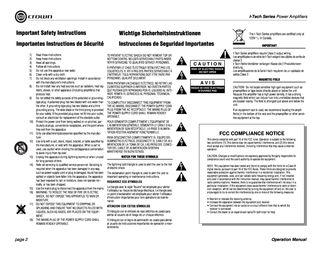 Crown Audio I-Tech Series Important Safety Instructions, Instrucciones de Seguridad Importantes, page, Magnetic Field 