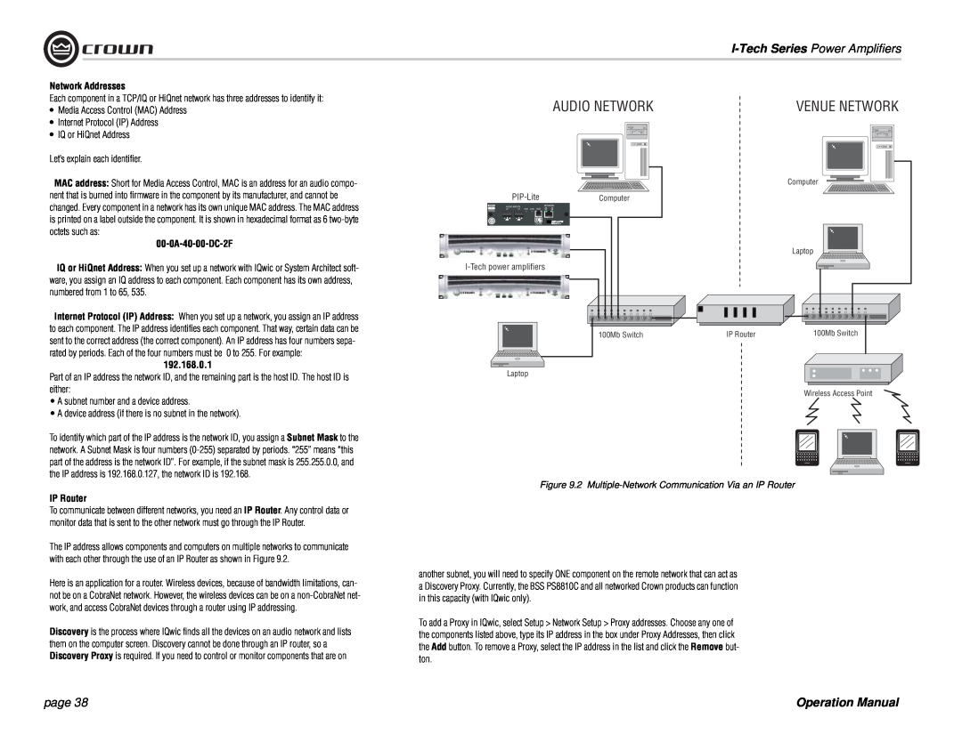Crown Audio I-Tech Series operation manual Audio Network, Venue Network, I-TechSeries Power Amplifiers, page 