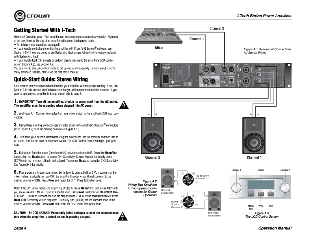 Crown Audio I-Tech Series Getting Started With I-Tech, Quick-StartGuide Stereo Wiring, I-TechSeries Power Amplifiers, page 