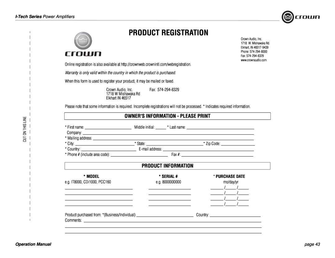 Crown Audio I-Tech Series Product Registration, Owners Information - Please Print, Product Information, Model, Serial # 