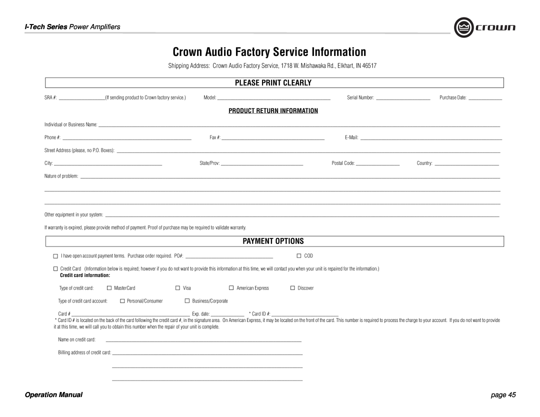 Crown Audio I-Tech Series Product Return Information, Crown Audio Factory Service Information, Please Print Clearly, page 