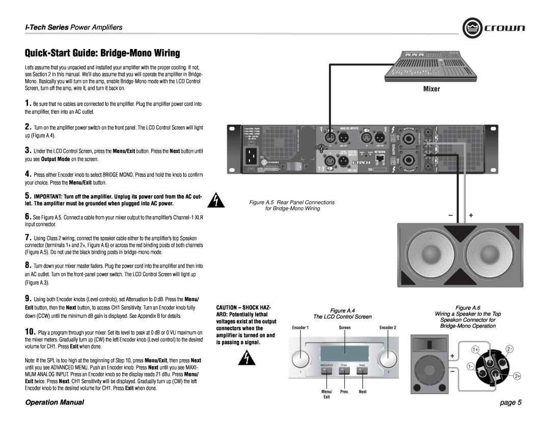 Crown Audio I-Tech Series operation manual Quick-StartGuide Bridge-MonoWiring, I-TechSeries Power Amplifiers, page 