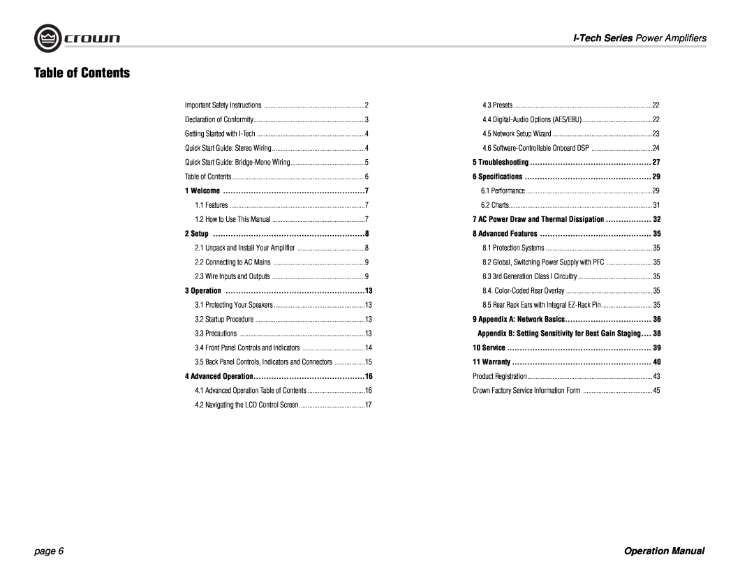 Crown Audio I-Tech Series operation manual Table of Contents, I-TechSeries Power Amplifiers, page 