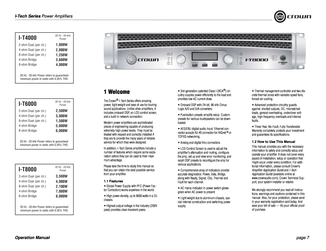 Crown Audio I-Tech Series Welcome, I-T4000, I-T6000, I-T8000, I-TechSeries Power Amplifiers, page, 1,800W, 2,000W, 1,250W 