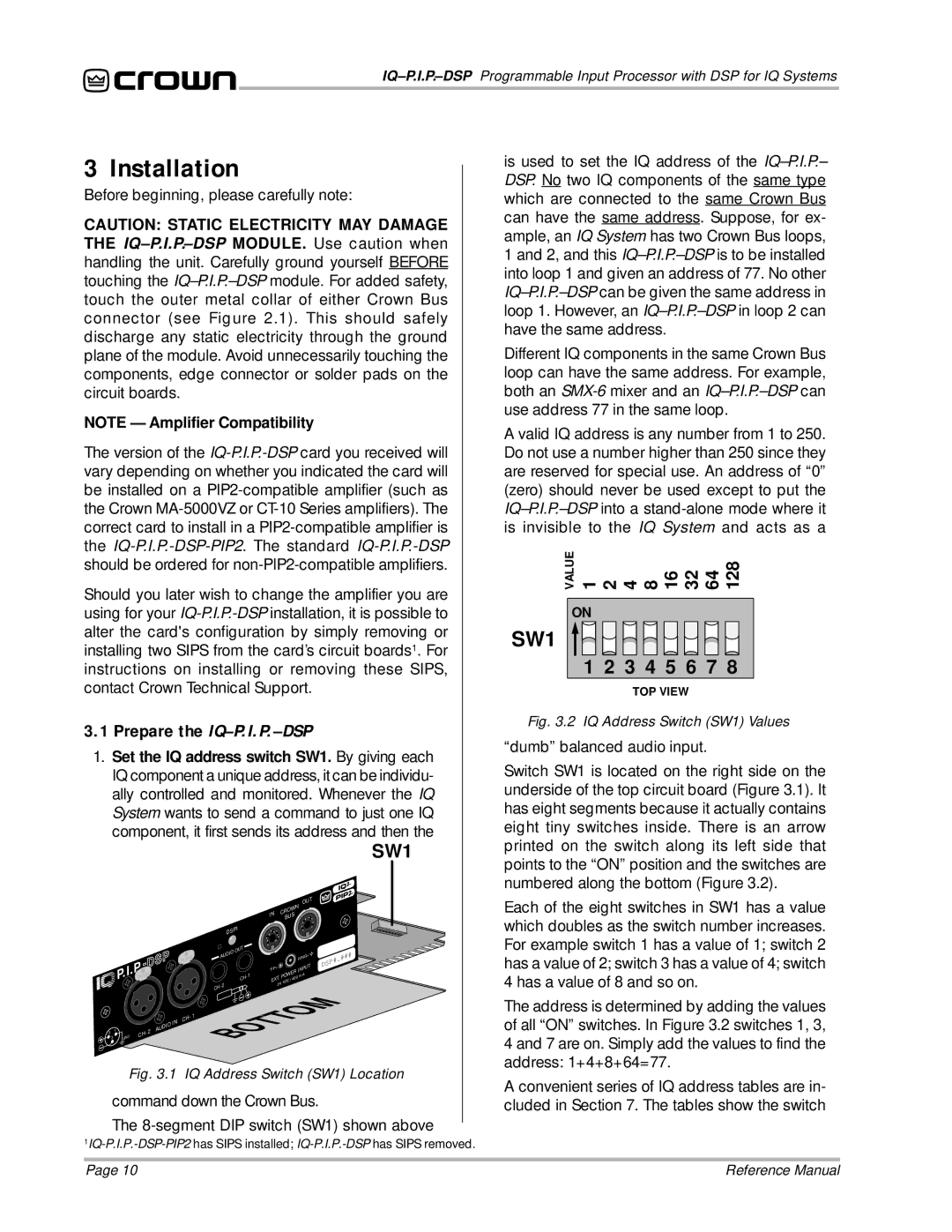 Crown Audio IQ P.I.P.-DSP manual Installation, 3 4 5 6 7 