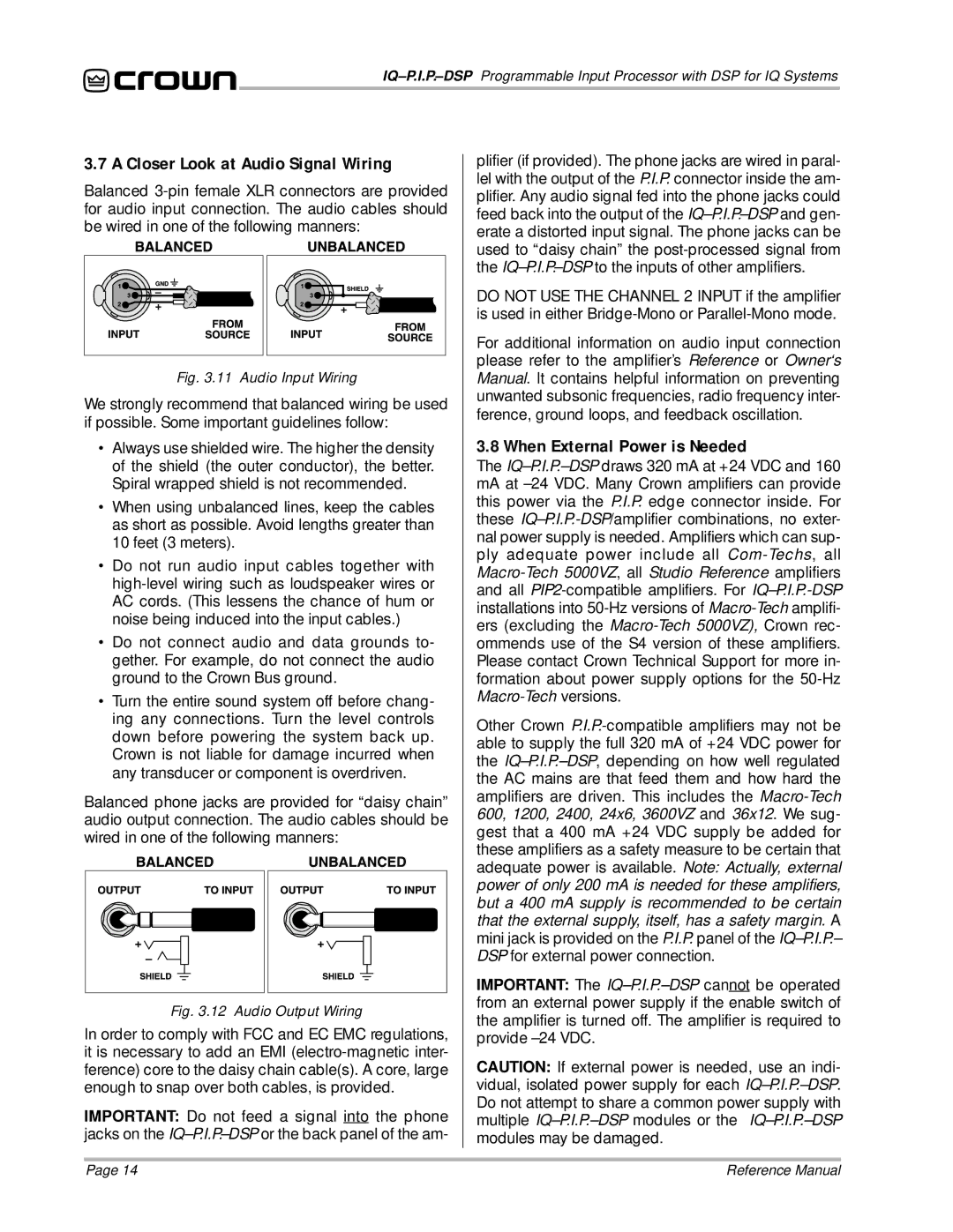 Crown Audio IQ P.I.P.-DSP manual Closer Look at Audio Signal Wiring, When External Power is Needed 