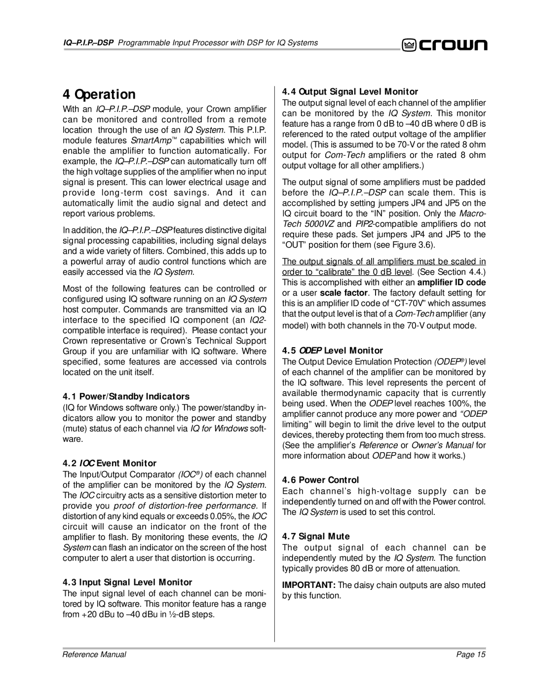 Crown Audio IQ P.I.P.-DSP manual Operation 