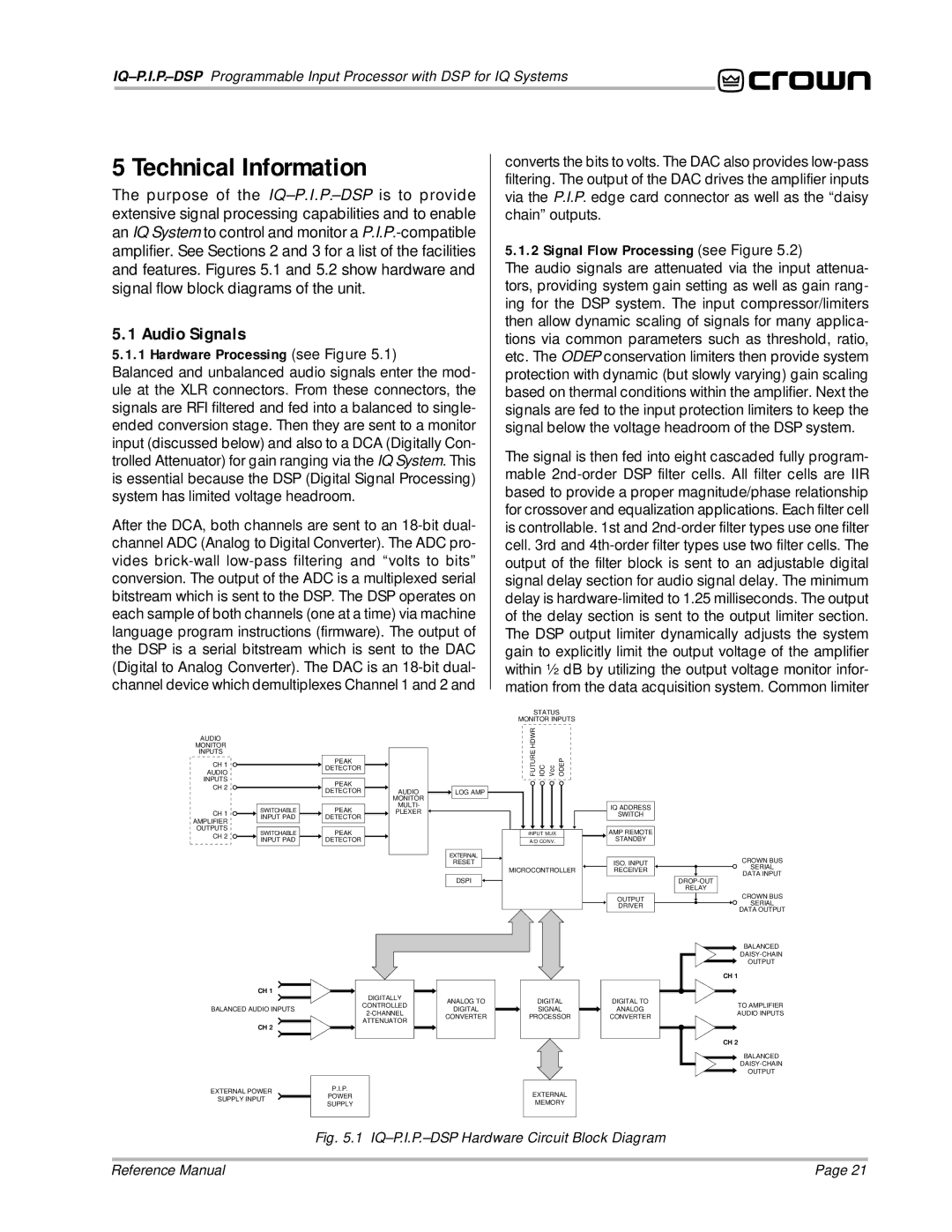 Crown Audio IQ P.I.P.-DSP manual Technical Information, Audio Signals, Hardware Processing see Figure 