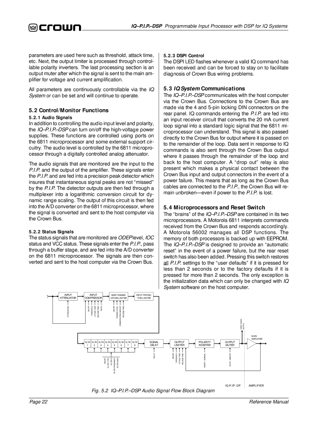 Crown Audio IQ P.I.P.-DSP manual Control/Monitor Functions, IQ System Communications, Microprocessors and Reset Switch 