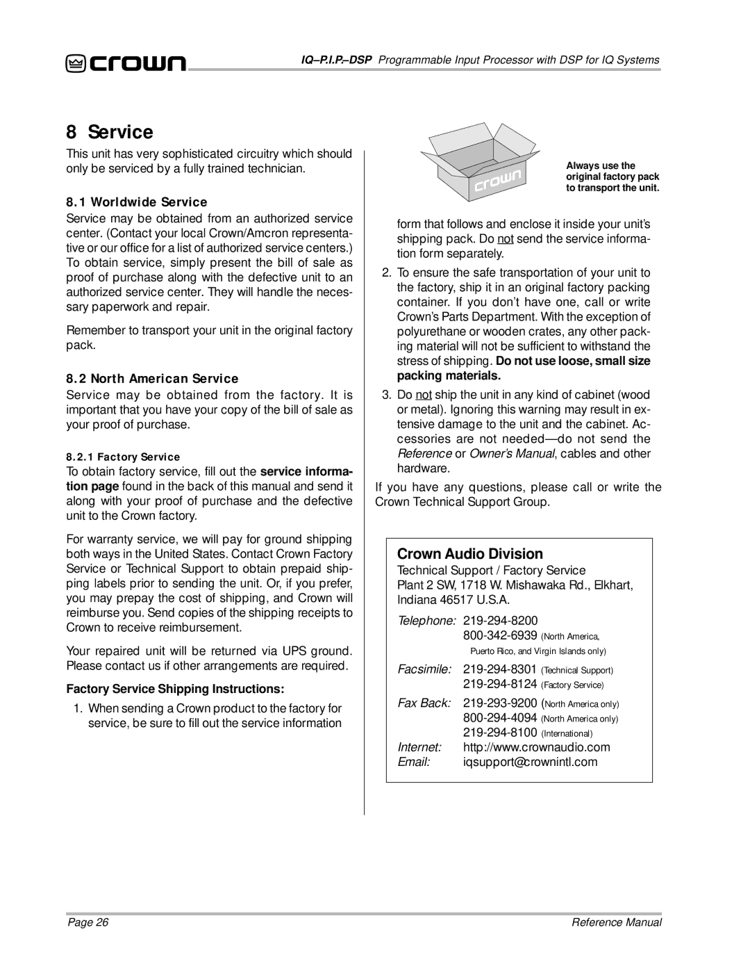 Crown Audio IQ P.I.P.-DSP manual Worldwide Service, North American Service, Crown Audio Division 