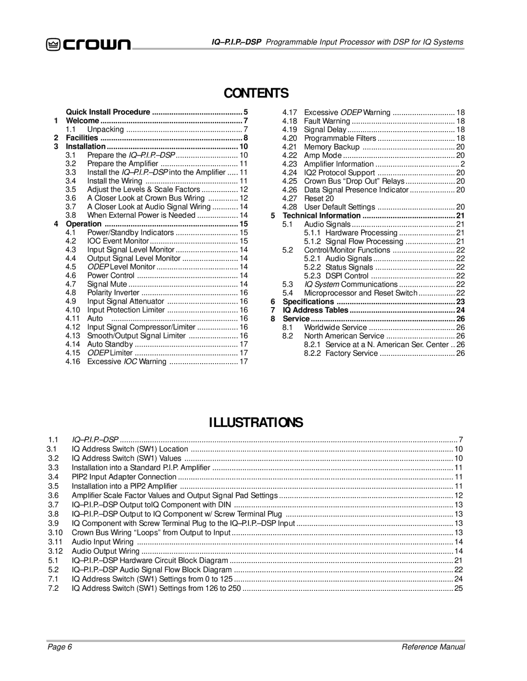 Crown Audio IQ P.I.P.-DSP manual Contents 