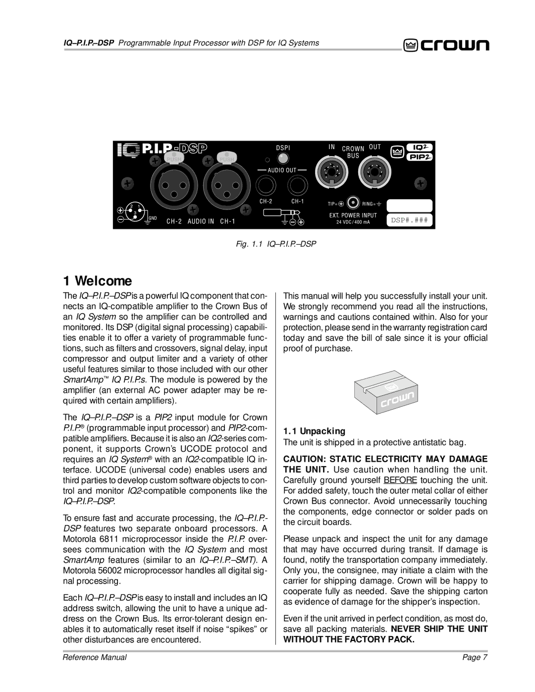 Crown Audio IQ P.I.P.-DSP manual Welcome, Unpacking 