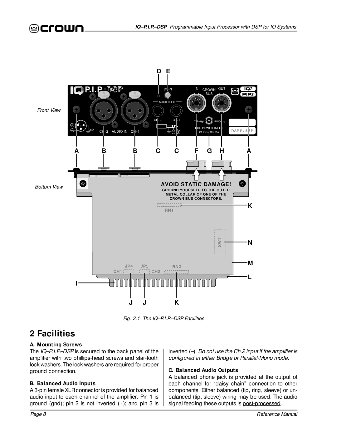 Crown Audio IQ P.I.P.-DSP manual Facilities, P.-Dsp 