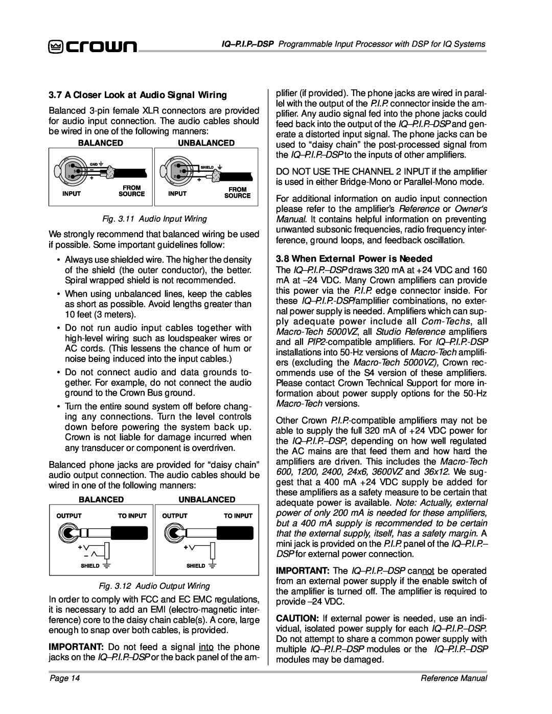 Crown Audio IQ P.I.P.-DSP A Closer Look at Audio Signal Wiring, When External Power is Needed, 11 Audio Input Wiring, Page 