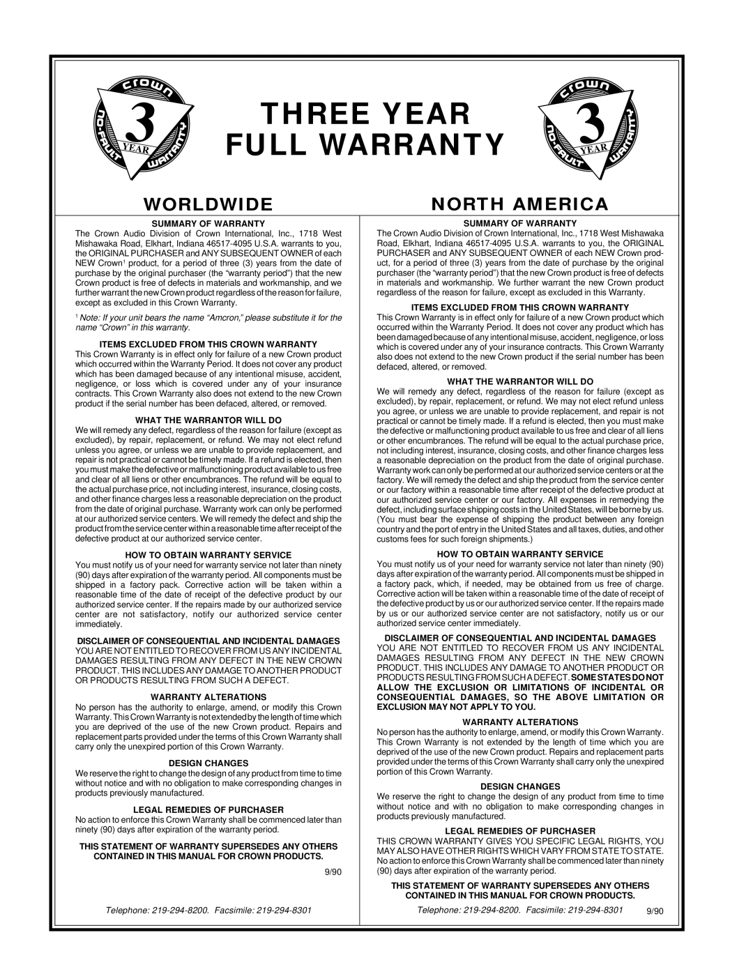 Crown Audio IQ P.I.P.-DSP manual Three Year Full Warranty, Worldwide, North America, Telephone 219-294-8200.Facsimile, 9/90 