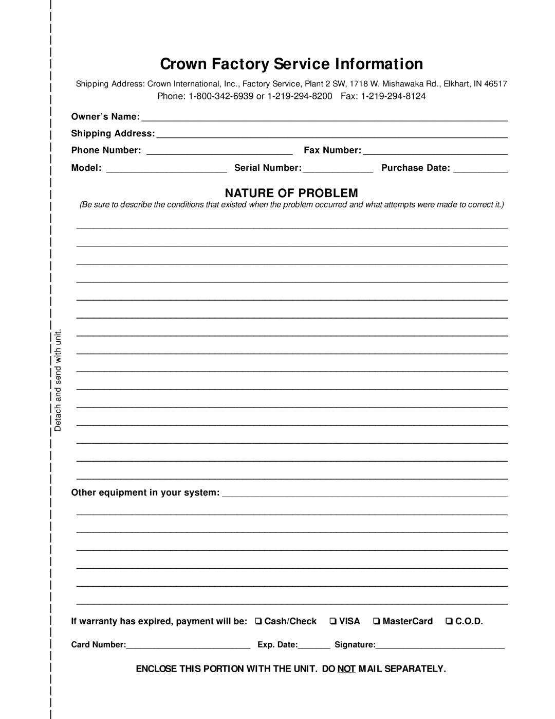 Crown Audio IQ P.I.P.-DSP manual Nature Of Problem, Crown Factory Service Information 