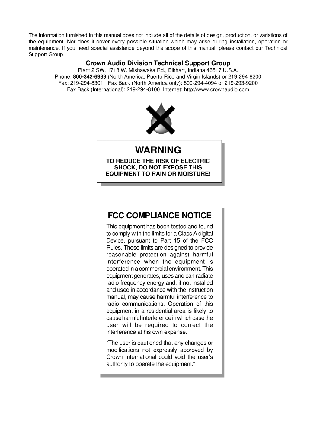 Crown Audio IQ P.I.P.-DSP manual Crown Audio Division Technical Support Group, Fcc Compliance Notice 